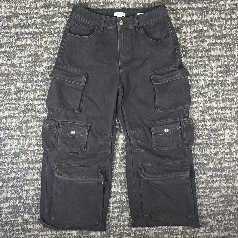 Forever 21 Cargo Pants Womens 28 Black Streetwear Wide Leg Multi Pocket Raw Hem